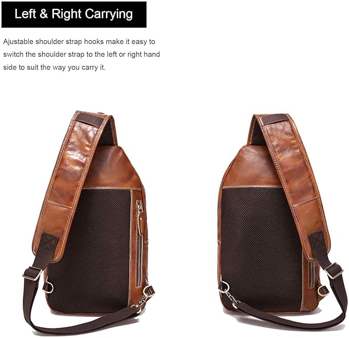 LANNSYNE Full Grain Leather Casual Sling Bag For Men Hiking/Travel/Business Crossbody Chest Bag Fits 12.9" iPad