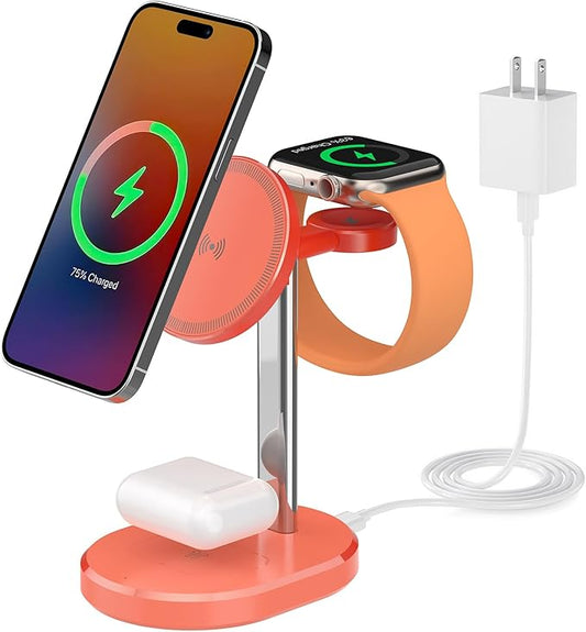 3 in 1 Wireless Charging Station,Detachable Apple Watch Charger & 15W Charger Stand for MagSafe for iPhone, Wireless Charger for Multiple Devices iPhone 16/15/14/13&Watch&AirPods（Orange）