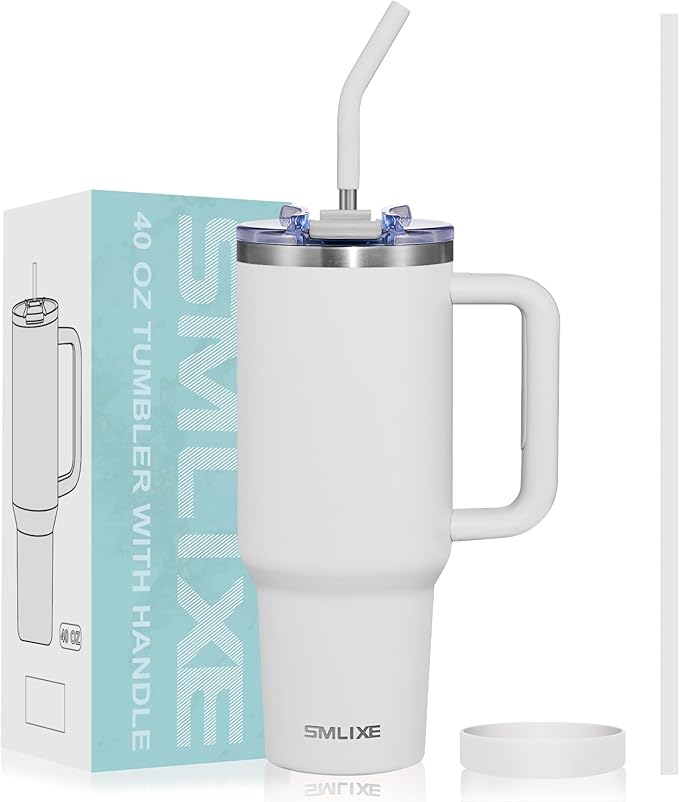 40 oz Tumbler with Handle and Straw Lid,Insulated Reusable Stainless Steel Water Bottle Travel Mug，Cupholder Friendly Double Wall Vacuum Sealed Cup (Cold White)