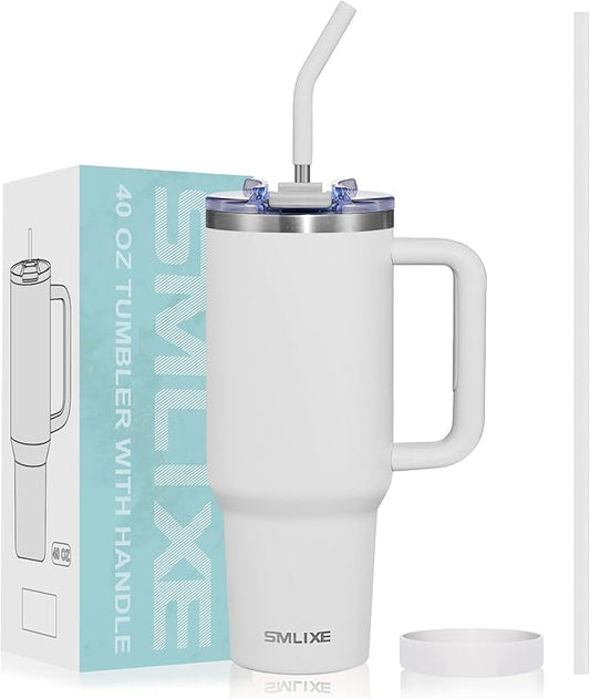 40 oz Tumbler with Handle and Straw Lid,Insulated Reusable Stainless Steel Water Bottle Travel Mug，Cupholder Friendly Double Wall Vacuum Sealed Cup (Cold White)