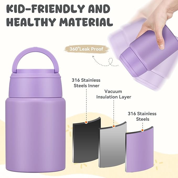 17oz Soup Thermo for Hot Food Kids Insulated Food Jar,Thermo Hot Food Lunch Container, Width Mouth Stainless Steel Lunch Box for Kids with Handle Folding Spoon(Purple-Pure)
