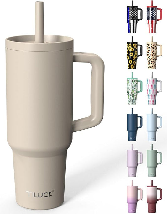 TILUCK 40 oz Tumbler with Handle, Vacuum Insulated Stainless Steel Travel Mug with 100% Leak-Proof Silicone Straw Lid, Cupholder Friendly Water Bottle(MistyGray, 40oz)