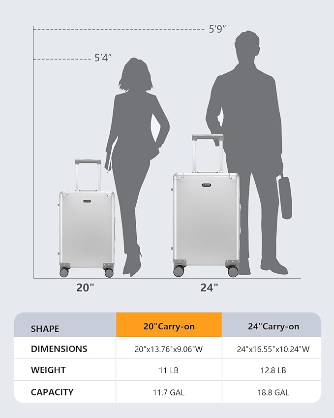 YYW Full Aluminum Carry On Luggage - Airline Approved Suitcase with TSA Lock Hardside Lightweight Suitcase and Silent Wheels Ideal for business travel