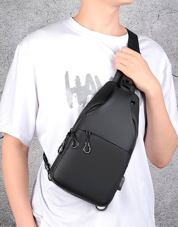 Waterproof Sling Bags Mens Shoulder Crossbody Backpack with USB Charging Port& Headphone,Outdoor Lightweight Bag