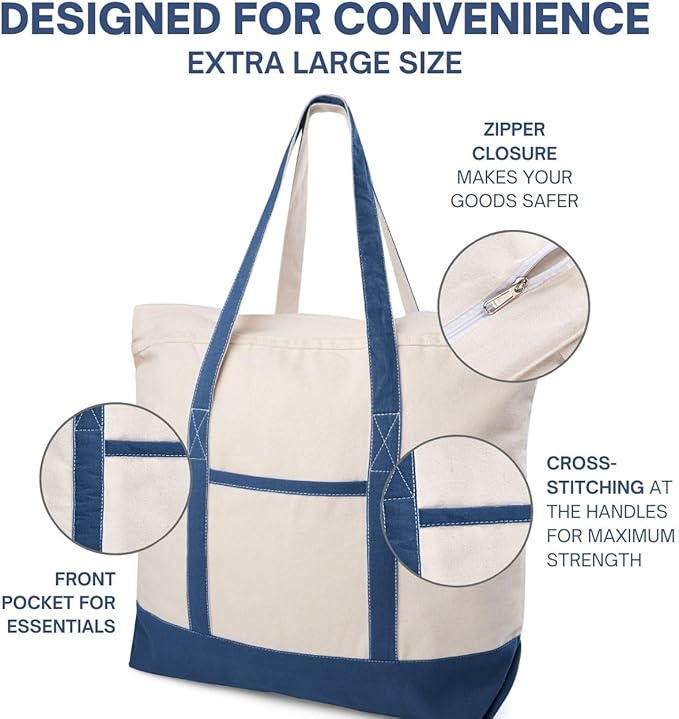 Cotton Canvas Tote Bag with an External Pocket & Top-Zipper Closure For - Gym, Beach, DIY, Work, Travel, Shopping