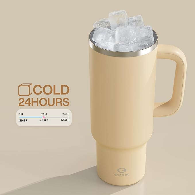 40 oz Tumbler with Handle and Straw: Stainless Steel Insulated Tumbler Keeps Cold for 24 Hours, Leakproof Travel Cup Fits in Cup Holder and BPA-Free, Indian Khaki