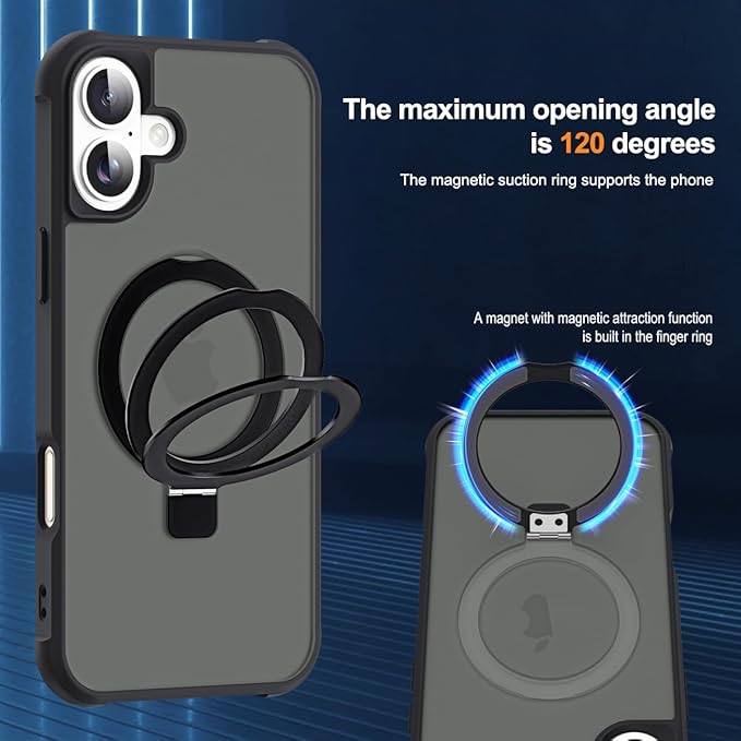 Compatible with iPhone 17 Case with Invisible Magnetic O-Ring Stand Military-Grade Translucent Phone Case for iPhone 17 6.3" [Compatible with Mag-Safe][Great Grip Feeling], Black