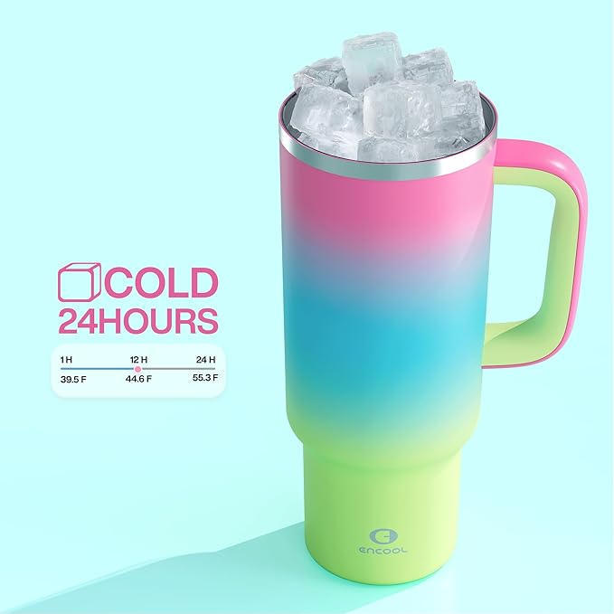 40 oz Tumbler with Handle and Straw: Stainless Steel Insulated Tumbler Keeps Cold for 24 Hours, Leakproof Travel Cup Fits in Cup Holder and BPA-Free, Lime Sorbet