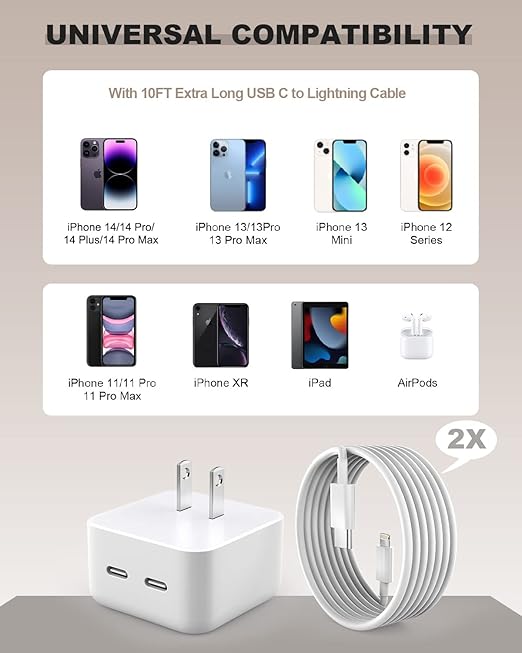 iPhone Fast Charger, 40W Dual USB-C Quick Wall Charger 10FT Charging 2pack 10FT Extra Long Lightning Cable+Double Port Foldable USBC iPhone Charger Fast Charging for iPhone 14/13/12/11/XR/XS/SE/iPad