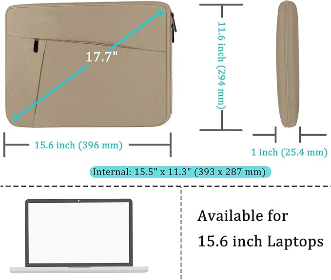 15.6 inch Laptop Sleeve, Shockproof Protective Computer Carrying Cover with Front Pocket, Briefcase Handbags Laptop Case for 15.6 inch HP, Dell, Acer, Asus, Notebook, Khaki