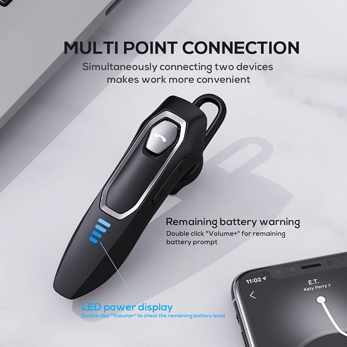 Bluetooth Headset V5.4, Bluetooth Earpiece with Micros, Noise Cancelling Hands Free Headset Earpiece for Cell Phone with 36H Talking Time/Mute Function, Single Ear Wireless Headphone for Truck Driver