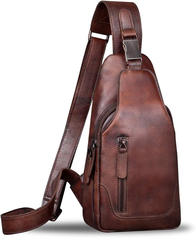 IVTG Genuine Leather Sling Bag for Men and Women Chest Shoulder Crossbody Hiking Backpack Vintage Handmade Daypack