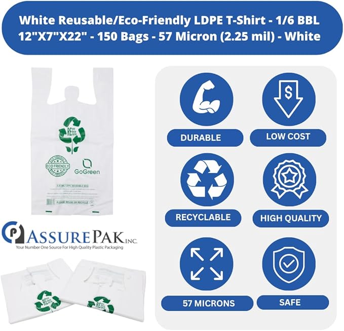 White Reusable/Eco-Friendly LDPE T-Shirt - 1/6 BBL 12"X7"X22" - 150 Bags - 57 Micron (2.25 mil) - White - WHLD40REC225REU12722 - AssurePak