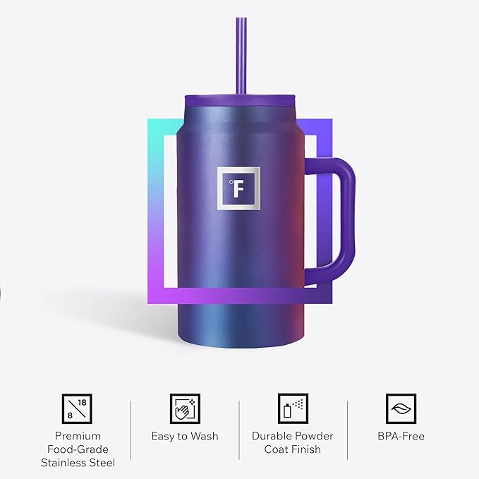 IRON °FLASK Co-Pilot Insulated Mug w/Straw & Flip Cap Lids - Cup Holder Bottle for Hot, Cold Drink - Leak-Proof - Water, Coffee Portable Travel Mug - Sage, 50 Oz