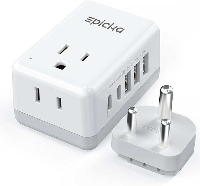 EPICKA US to India Travel Adapter, Universal Plug Adapter with 2 US Outlets, 3 USB-A & 2 USB-C Ports, Ultra Compact Swap&Adapt Type D Plug Attachment, Grounded Adapter for India, Pakistan (X232D)