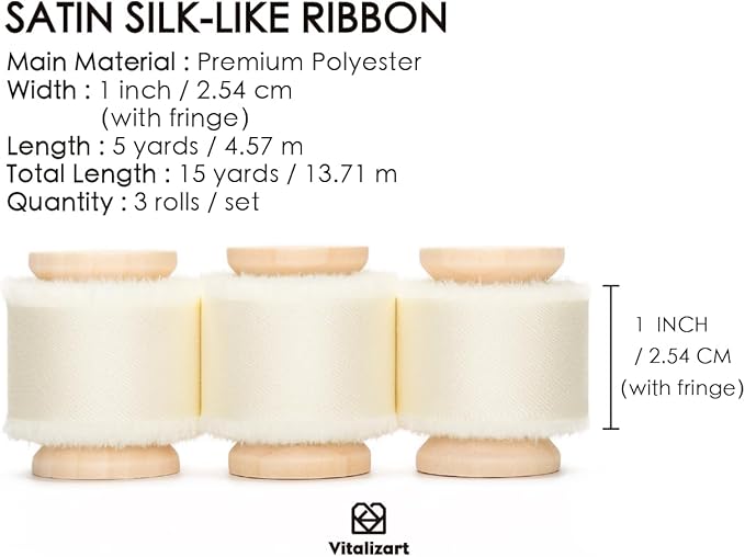 Vitalizart Silk Satin Ribbon 1 Inch x 15 Yard Wooden Spool Cream White Handmade Frayed Ivory Ribbon for Gift Wrapping Baby Shower Wedding Bridal Bouquets Holiday Decor 3 Rolls x 5 Yard