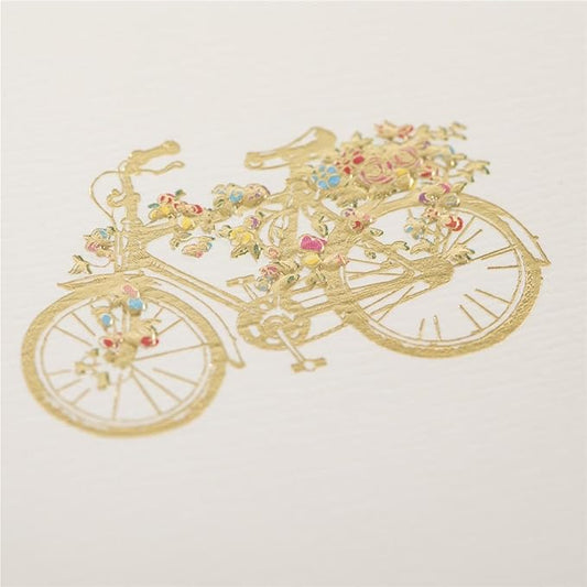 Graphique Flower Bicycle La Petite Presse Boxed Notecards, 10 Embellished Gold Foil Blank Cards with Matching Envelopes and Storage Box, 3.25" x 4.75"