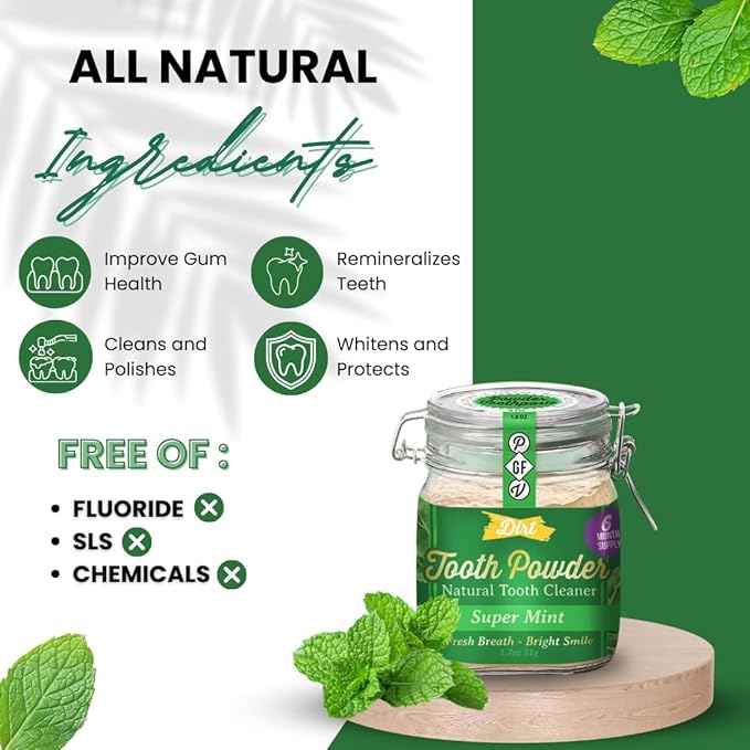 The Dirt - Remineralizing Tooth Powder, Natural Fluoride-Free Teeth Whitening Powder with Hydroxyapatite, Flouride & Gluten Free, Organic Vegan (Super Mint, 51g: 6 Month Supply)