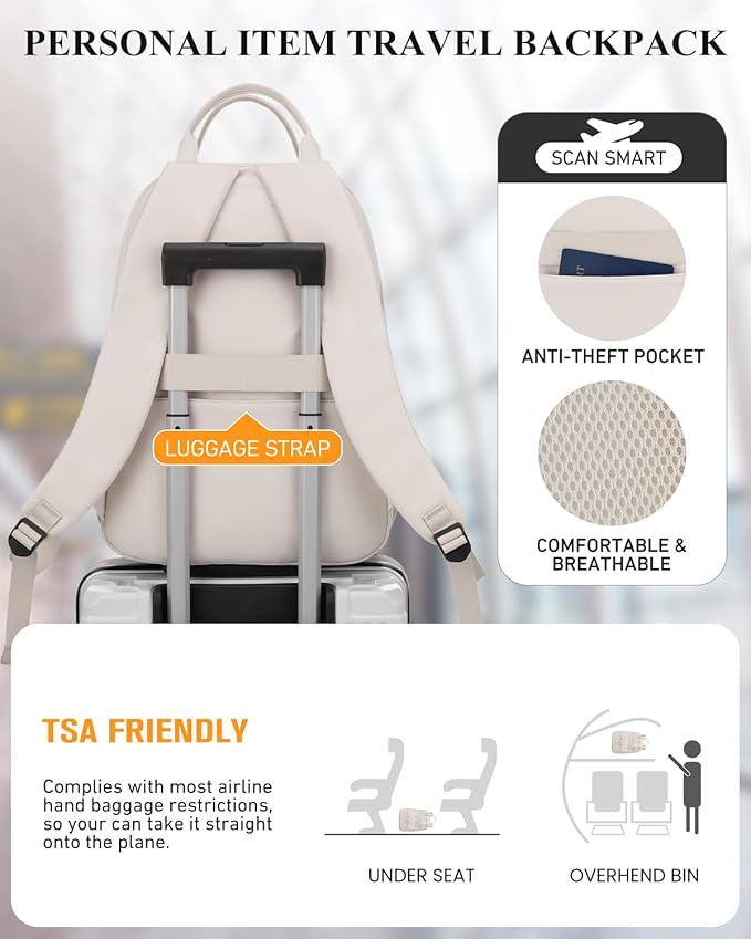 Teen Girls Backpack Aesthetic Bookbag for School, Women Laptop Bag with Charging Hole for Work Travel Middle High School Big Student, Beige