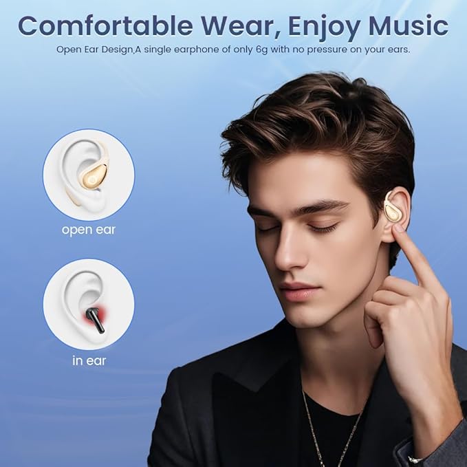 Open Ear Earbuds Wireless Bluetooth Headphones, 60Hrs Playtime Stereo Sound Earphones with IPX7 Waterproof Ear Buds, Ideal for Fitness, Travel - Off White