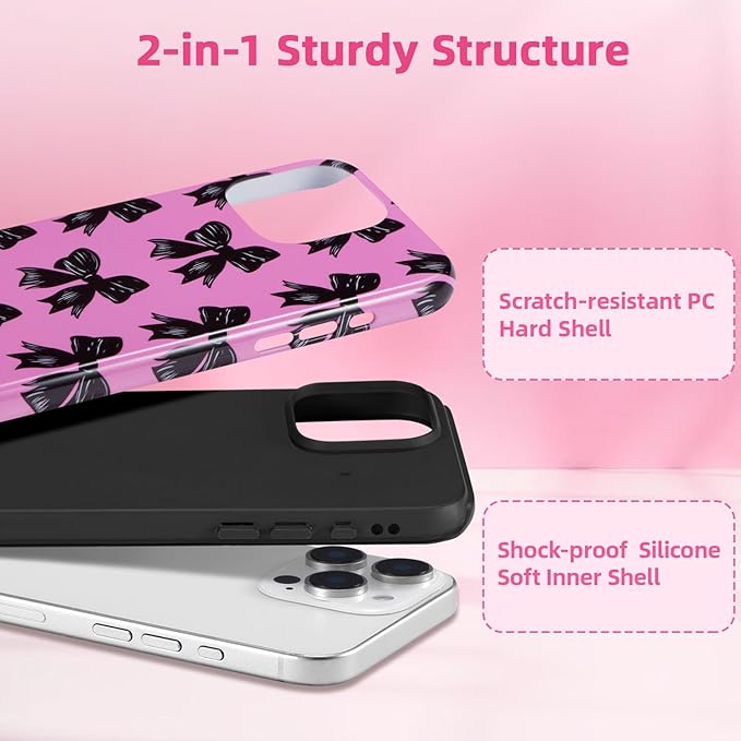 QLTYPRI Case for iPhone 15 Pro Max, Aesthetic Black Ribbon Bow Phone Case for Girls Women, Protective Hybrid 2-Layer Hard Shell Silicone Cover Durable Shockproof Phone Cover - Rose Red