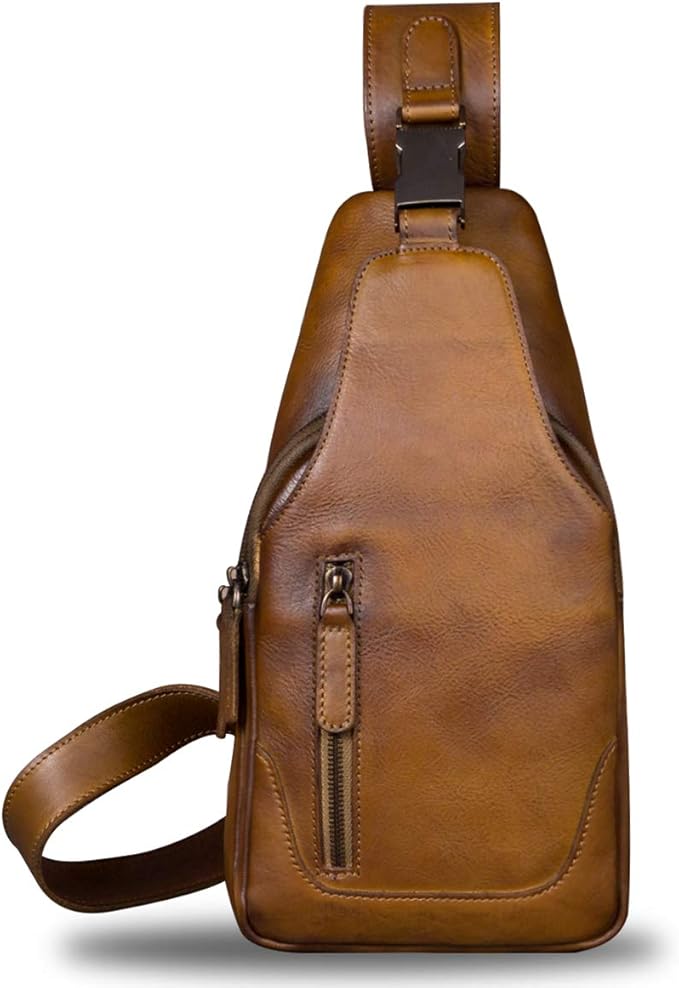 IVTG Genuine Leather Sling Bag for Men and Women Chest Shoulder Crossbody Hiking Backpack Vintage Handmade Daypack