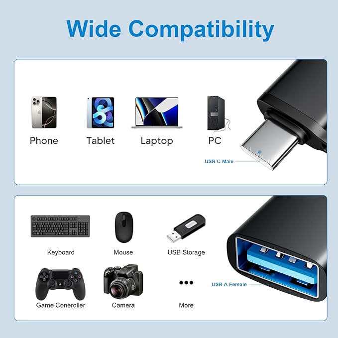 USB to USB C Adapter 10 Pack,USBC to USB Adapter,USB Type C Male Female Adaptor,USBC Converter for iPhone 16 15 14,MacBook Pro,iPad,Car Charger,Black