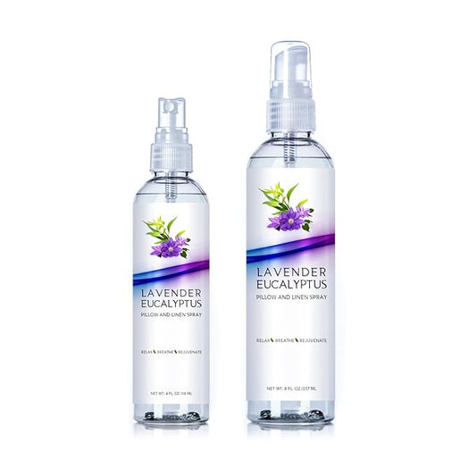 Two Pack Lavender Eucalyptus Pillow and Linen Spray, Best Set for Travel and Home, Strong Essential Oil Mist for Relaxing the Body and Mind (Lavender Eucalyptus, 4oz/8oz)