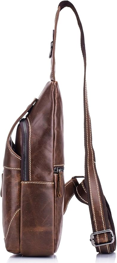 BULLCAPTAIN Genuine Leather Men Bags Shoulder Sling Crossbody Bag Casual Mens Chest Bag Travel Hiking Backpack(Brown)