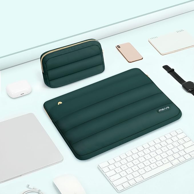 MOSISO 15-15.6 inch Laptop Case, 16 inch Puffy Laptop Sleeve Compatible with MacBook Pro 16, HP Dell ASUS Acer Toshiba Lenovo Notebook Computer, Polyester Horizontal Bag with Small Case, Peacock Green