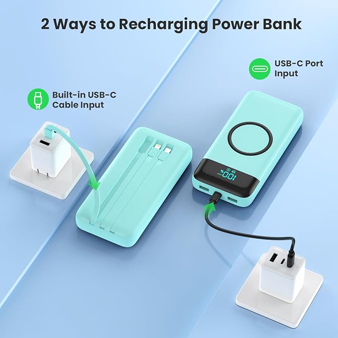 Wireless Portable Charger 40800mAh with 3 Built-in Cables,7-in-1 15W Wireless Charging Power Bank,25W PD QC 4.0 Fast Charging USB C LCD Display Battery Pack for iPhone 16/15/13,Samsung,Android-Green
