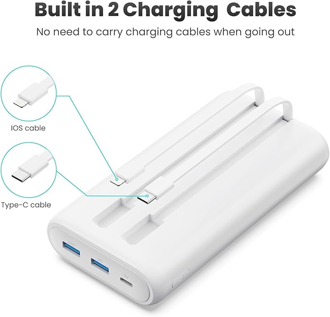 Portable Charger Power Bank 40,800mAh 25W Fast Charging USB C Portable Charger with 2 Built in Cables,5 Outputs & QC 4.0 Quick Phone Charging Battery Pack Compatible with iPhone 16/15/Android (White)