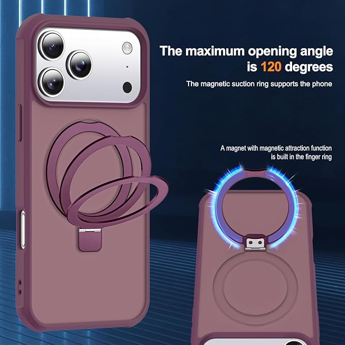 Compatible with iPhone 17 Pro Case with Invisible Magnetic O-Ring Stand Military-Grade Translucent Phone Case for iPhone 17 Pro 6.3" [Compatible with Mag-Safe][Great Grip Feeling], Wine Red