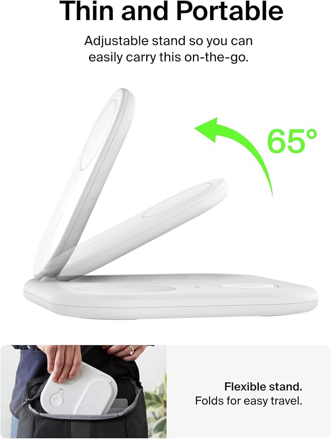Belkin 3-in-1 MagSafe-Compatible iPhone Charger 15W, Foldable Magnetic Qi2-Certified Wireless Charging Station for iPhone 17, Apple Watch Series 10, AirPods 4, Pixel 10, w/Non-Slip Base & PSU - White