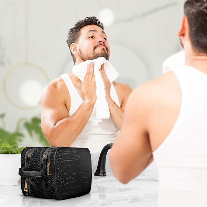 Dot&Dot Leather Toiletry Bag for Men Women - Spacious Womens Mens Toiletry Travel Bag, Large Travel Toiletries Bags (Black Croc, Large)