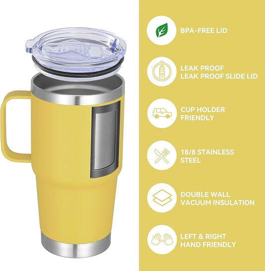VEGOND 20 oz Tumbler with Handle Lid and Straw, Stainless Steel Insulated Travel Coffee Mug Spill Proof Double Wall Metal Tumbler Cup Keeps Drink Hot and Cold, Yellow 1 Pack
