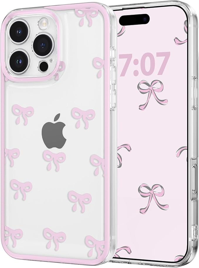 EYZUTAK Case for iPhone 16 Pro, Clear Cute Ribbon Bowknot Pattern Aesthetic Transparent Phone Case Raised Camera Protection Stylish Slim Soft Durable TPU Protective Cover for Women Girls - Pink