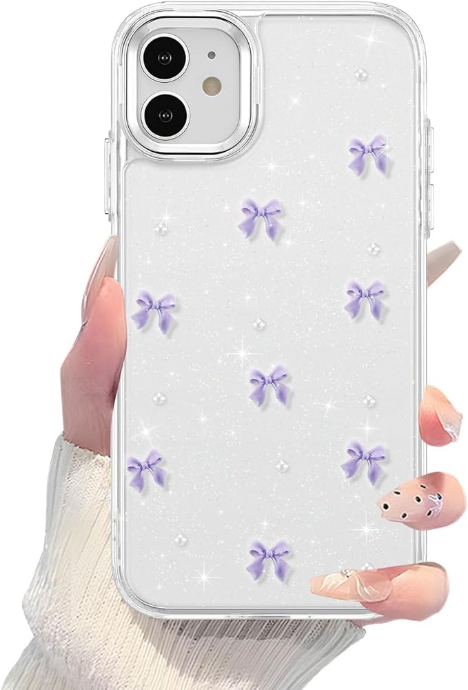 EYZUTAK Case for iPhone 11, Bling Glitter 3D Bowknot Phone Case Cute Sparkly Crystal Clear Bow Aesthetic Design Case Slim Soft Durable TPU Transparent Protective Cover for Women Girl - Purple Bow