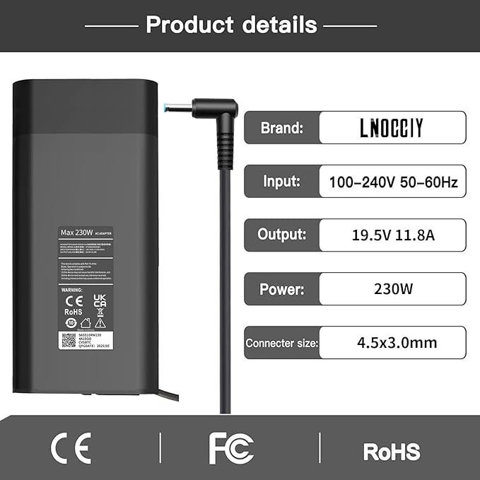 2025 New Slim 230W AC Charger for HP Omen 15 16 17 Gaming Laptop ZBook Fury 16 G8 G9 G10 TPN-LA10 TPN-Q265 Laptop Power Adapter(4.5mm*3.0mm)
