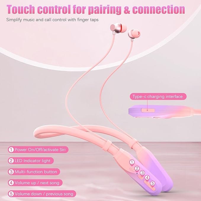 Neckband Bluetooth Headphones, 200H Extra Long Playtime Wireless Stereo Neckband Earbuds with Microphone, Waterproof Balanced Armature Drivers in Ear Headset for Sports/Workout (Pink-Purple)