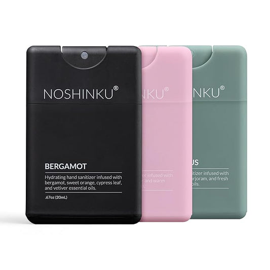 Noshinku - Refillable Hand Sanitizer Discovery 3-Pack, Travel Size Spray with Hydrating Botanical Oils, Natural Ingredients, All Natural Fragrances, Sugarcane Derived Alcohol, No Parabens, No Dyes