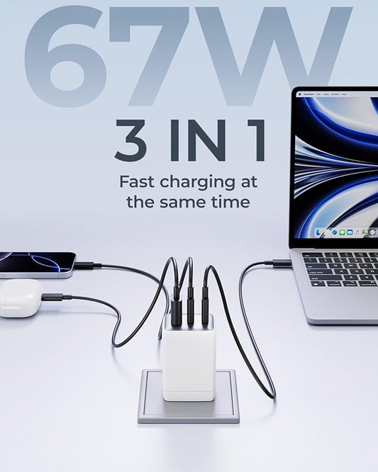 67W USB C Charger, 3-Port GaN Fast Charging Block with Foldable Plug, Compatible with MacBook Pro/Air, iPad Pro, iPhone 16/15/Pro, Galaxy S25/S24, Note20, Pixel, Apple Watch, (White)