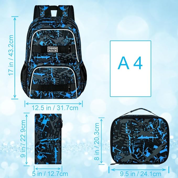 3Pcs Backpack for Girls Boys, 17 Inch School Bookbag with Lunch Box, Durable Laptop Backpacks Set for Teens College