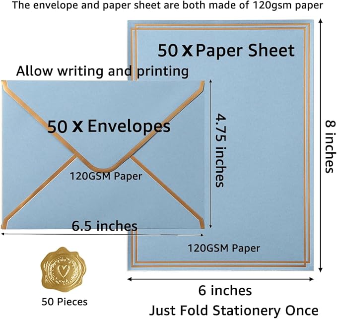50 Pack Stationery Set with Gold Border, A6 Envelopes and 6x8 Paper Sheets and Stickers for Writing Letters (Dusty-Blue, 6x8 Inches)