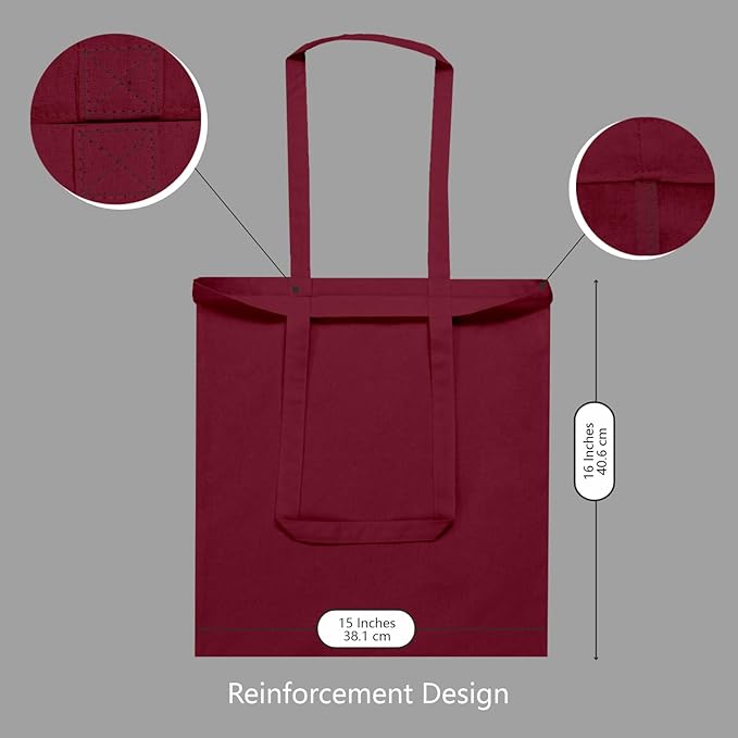 TOPDesign 12-Pack Economical 16"x15" Burgundy Cotton Tote Bags, Lightweight Medium Reusable Grocery Shopping Cloth Bags, Suitable for DIY, Advertising, Promotion, Gift, Activity