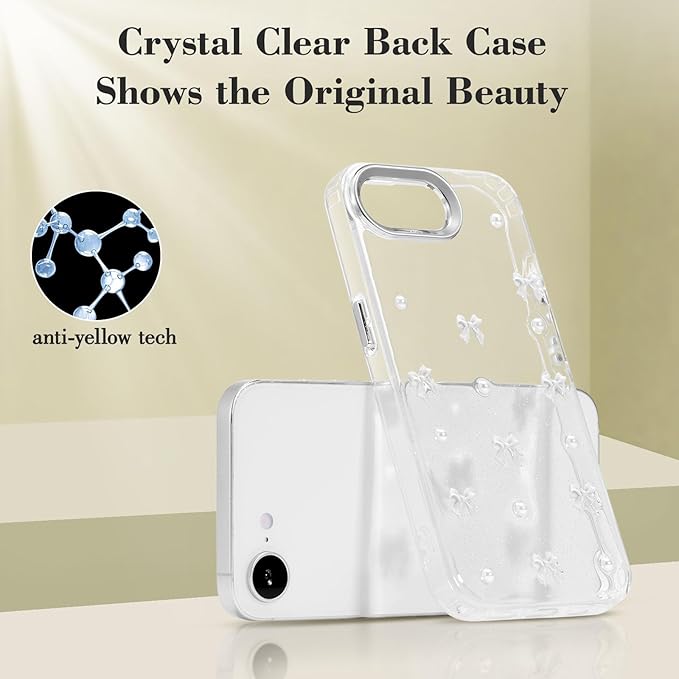 EYZUTAK Case for iPhone 16e, Bling Glitter 3D Bowknot Phone Case Cute Sparkly Crystal Clear Bow Aesthetic Design Cover Slim Soft Durable TPU Transparent Protective Cover for Women Girl - White Bow