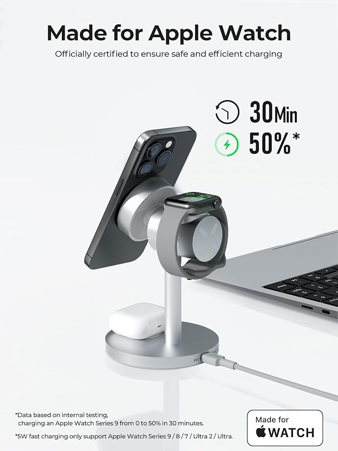 MagFusion 3-in-1 Charging Station Compatible with MagSafe, Qi2 Certified 15W Wireless Charger Stand, Magnetic Charger for iPhone 17/16/15/14/13/12 Series, Apple Watch, AirPods, Silver