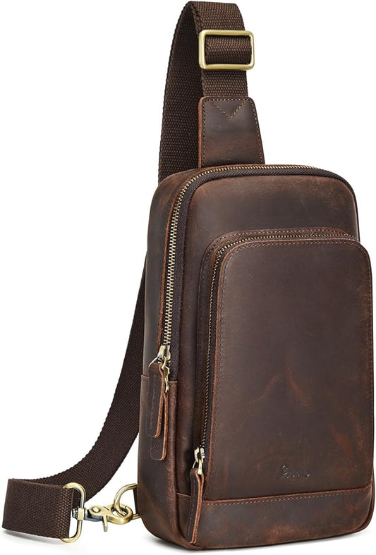 S-ZONE Sling Bag for Men Women RFID Blocking Top Grain Leather Crossbody Shoulder Bag Chest Hiking Daypack Travel