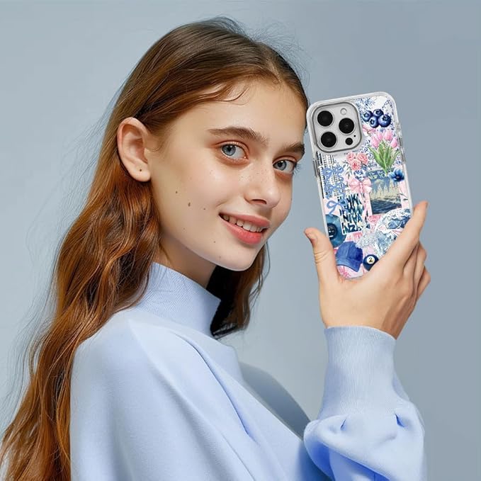 DAIZAG Case for iPhone 13 Pro Max, [Compatible with MagSafe],Phone Case for Women Girls Magnetic Clear Cover,Collage Tulip Lotus Flower Bow Blue