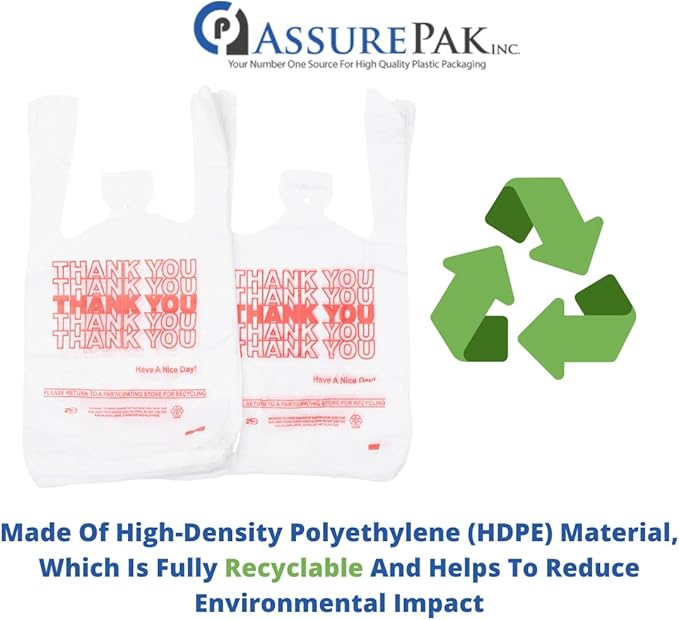 White 'Thank You' HDPE T-Shirt Bags - Grocery Bags with Handles – 1/6 BBL Size 11.5"x6"x21" – 15 Microns – 1000 units – Thank You Shopping Bags for Retail, Takeout, Restaurant Supplies – AssurePak